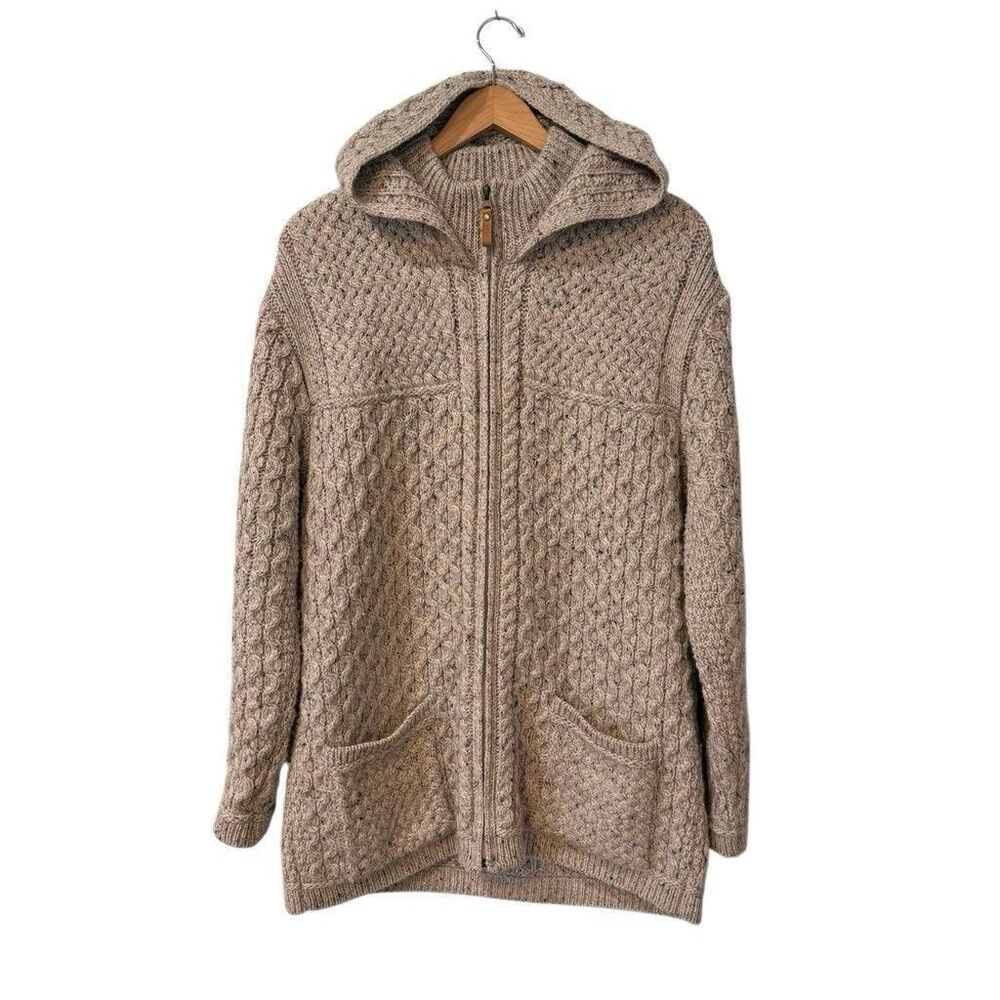 Aran Crafts Hooded Zip Up Sweater XL Beige 100% Merino Wool Cable Knit Jacket